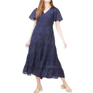 Chico's Navy Eyelet V-Neck Tiered Midi Dress